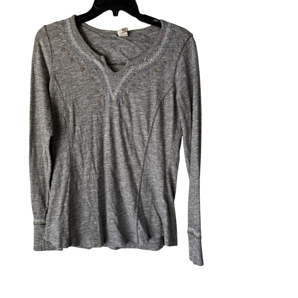 Adventura Sustainable Shirt Womens Medium Gray Embroidered Long Sleeve Boho‎ Top